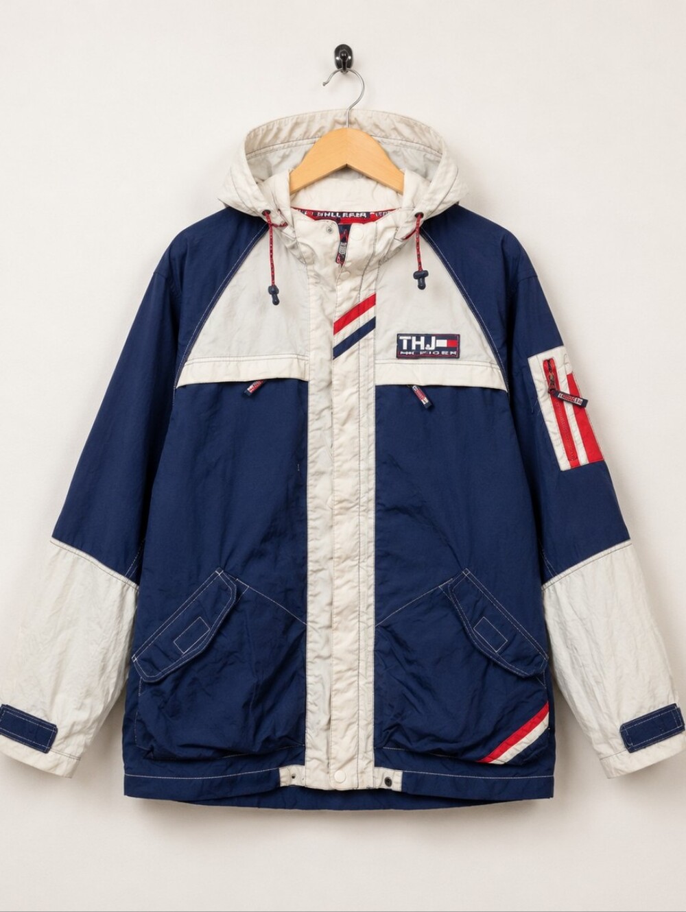 Vintage Tommy Hilfiger Jacket Mens XL Navy Blue Red Sailing Windbreaker Coat 90s